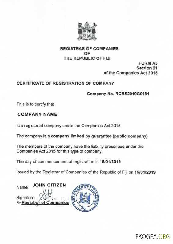 Fidji Certificat d'enregistrement